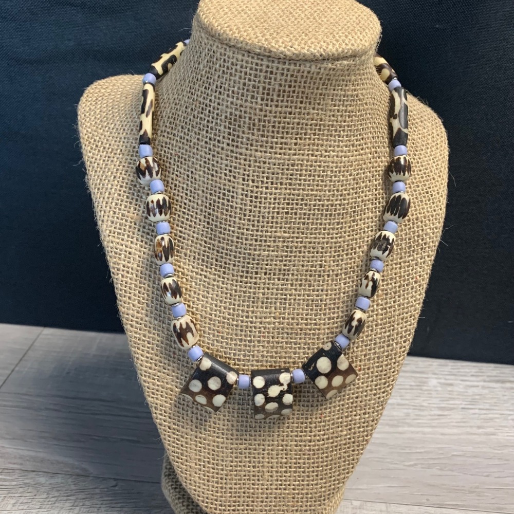 Vintage Batik Bone Bead Necklace Brown Cream Polka Dot Animal Print 18 Inch
